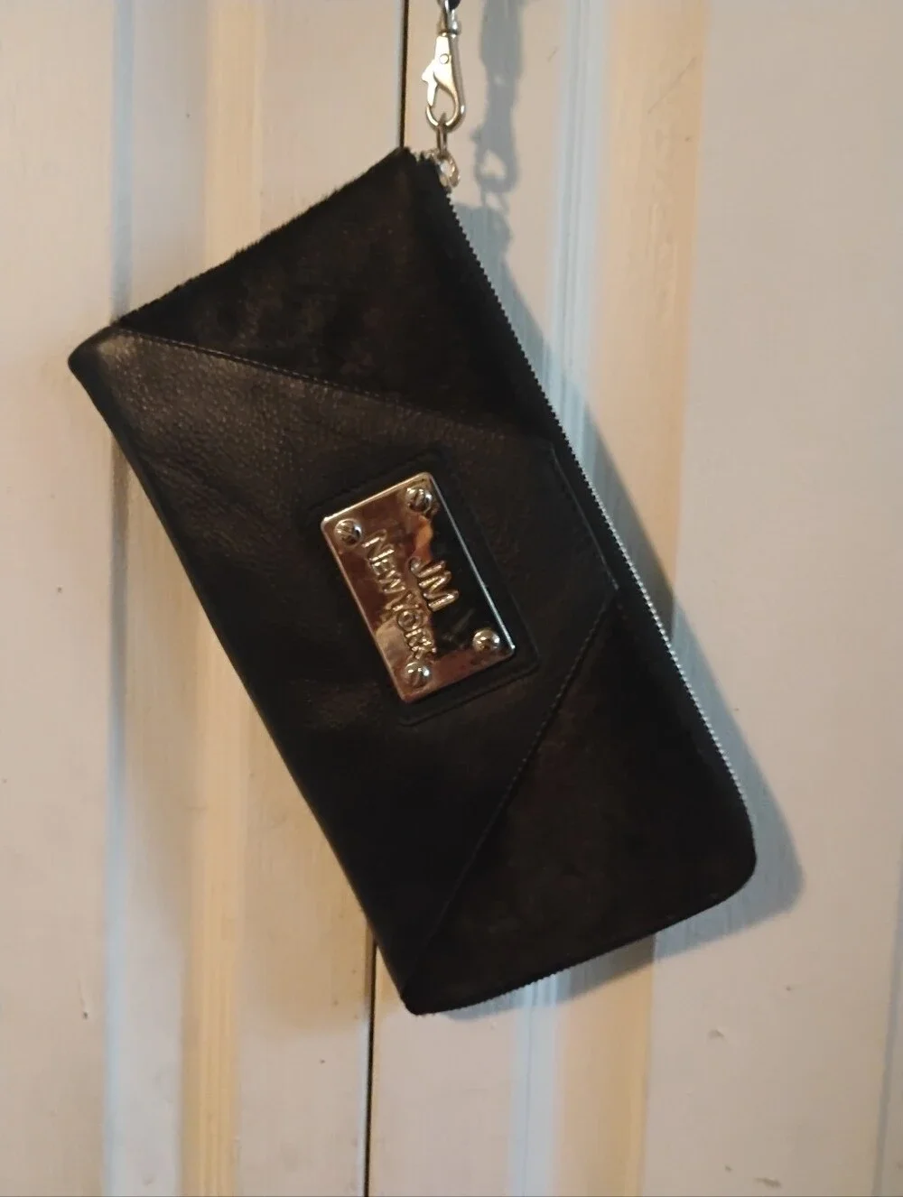 JM New York Black Mixed Media Leather & Pony Hair Zip-Around Wristlet Wallet